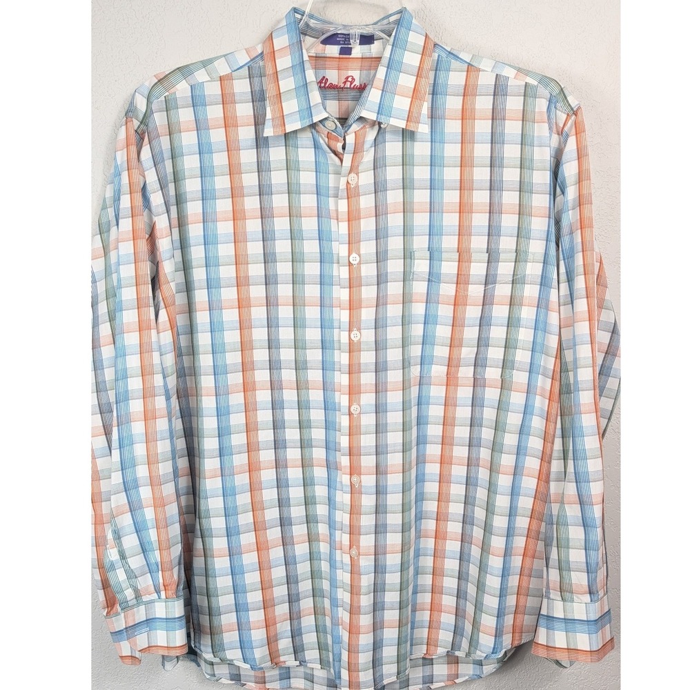Alan Flusser Button Down Shirt Mens Large Multicolor Plaid Long Sleeve Cotton